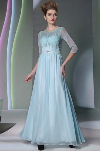 Glamorous Scoop Half Sleeves Chiffon Ankle Length Zipper Homecoming Dress in Light Blue with Beading