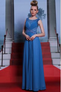 Custom Designed Scoop Floor Length Blue Mother Of The Bride Dress Chiffon Sleeveless Beading and Ruching
