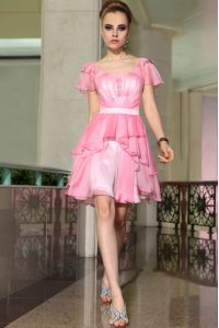 Cap Sleeves Mini Length Belt Side Zipper Prom Evening Gown with Rose Pink