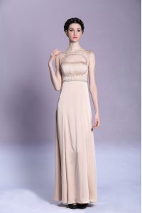 Bateau Sleeveless Mother Of The Bride Dress Floor Length Beading and Ruching Peach Satin