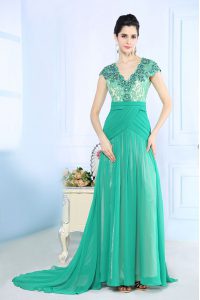 V-neck Cap Sleeves Mother Of The Bride Dress With Brush Train Beading and Lace and Ruching Turquoise Chiffon