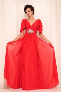 Superior Red Chiffon Zipper Prom Gown Short Sleeves Floor Length Beading