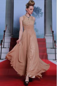 Decent Scoop Sleeveless Prom Dresses Floor Length Beading and Sequins and Ruching Peach Chiffon