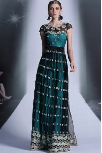 Shining Scoop Floor Length Teal Mother Of The Bride Dress Organza Cap Sleeves Appliques and Pleated