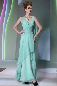Sleeveless Chiffon Floor Length Side Zipper Prom Dresses in Turquoise with Sequins and Ruching