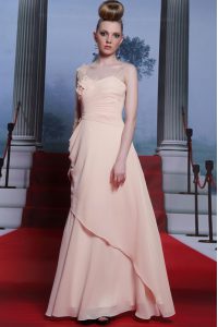Extravagant One Shoulder Chiffon Long Sleeves Floor Length and Appliques and Ruching