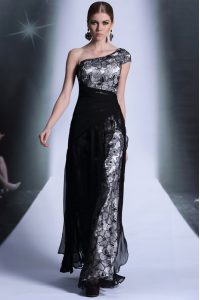 Lace Black One Shoulder Neckline Embroidery Evening Dress Sleeveless Side Zipper