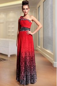 One Shoulder Red Side Zipper Mother Of The Bride Dress Beading and Pattern and Pleated Sleeveless Floor Length