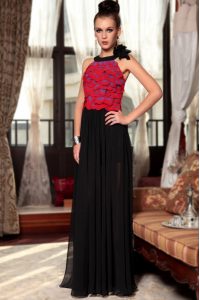 Affordable Floor Length Red And Black Prom Gown Scoop Sleeveless Side Zipper
