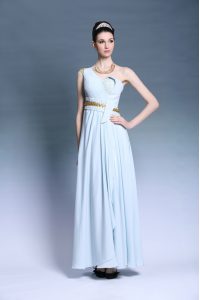 One Shoulder Light Blue Empire Ruching and Belt Prom Gown Backless Chiffon Sleeveless Floor Length