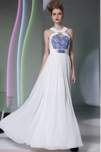 Customized Halter Top Sleeveless Floor Length Beading and Embroidery Zipper Mother Of The Bride Dress with White