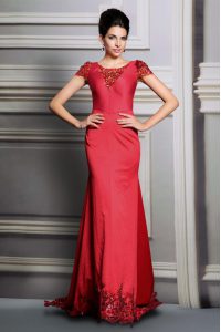 Pretty Scoop Red Short Sleeves Court Train Appliques Evening Dress