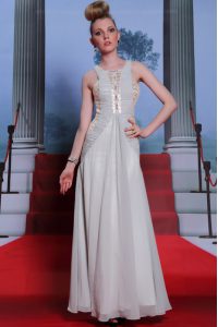 Scoop Sleeveless Chiffon Floor Length Side Zipper Mother Of The Bride Dress in Silver with Beading and Appliques and Ruching
