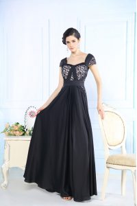 Dramatic Black Cap Sleeves Beading Floor Length Mother Of The Bride Dress