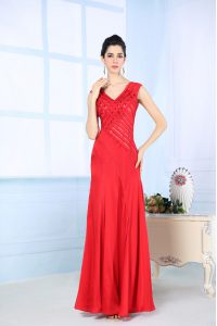 Flirting Red Chiffon Side Zipper V-neck Sleeveless Floor Length Homecoming Dress Beading