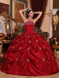 Wine Red Strapless Pick Ups Appliqued Sweet 15 Dresses
