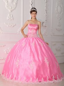 Pretty Pink Appliqued Ball Gown Quinces Dress with Lace Hem