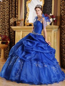 Cheap Straps Lace-up Appliqued Blue Dress for Quinceaneras