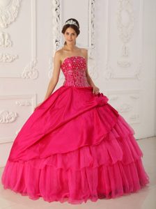 Fast Shipping Strapless Beaded Hot Pink Quinceanera Dresses