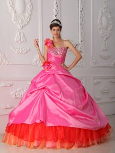 Cute Multi-color one Shoulder Beaded Flowers Sweet 16 Dresses