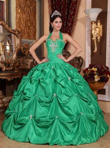 Affordable Halter Appliqued Pick Ups Green Sweet Sixteen Dress