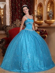 Spaghetti Straps Sequin Appliqued Blue Quinceanera dresses