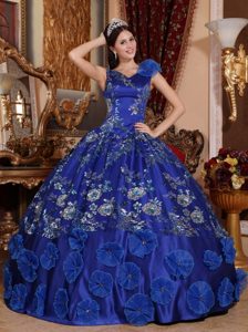 V-neck Appliqued Blue Sweet 15/16 Birthday Dress with Flowers