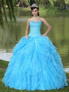Famous Corset Back Ruffled Beaded Aqua Blue Sweet 16 Dress