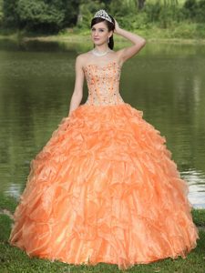 Popular Orange Beaded Fitted Dress for Quince in Amatitlan