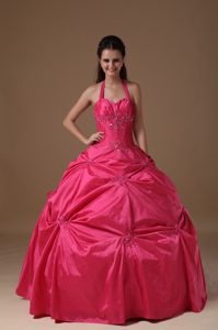 Groovy Halter Coral Red Beaded Dress for Sweet 15 in Chinautla