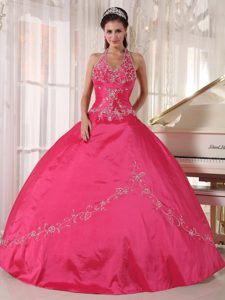 Dressy Red Halter Ball Gown Appliqued Dresses for Sweet 15