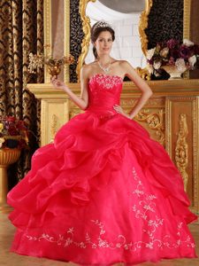 Coral Red Strapless Embroidery Sweet 16 Dresses on Promotion