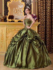 Cheap Strapless Olive Green Appliqued Flower Dress for Quince