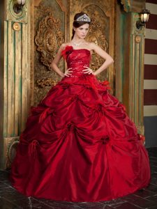 Unique Red Strapless Pick Ups Beaded Feather Quinceanera Dress