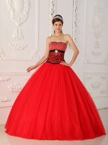 Beaded Red Ball Gown Quince Dresses with Zebra Print for Cheap