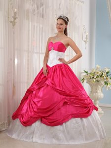 Appliqued White and Hot Pink Taffeta Quince Dresses with Pick ups