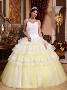 White and Yellow Quince Dresses with Appliques and Spaghetti Straps