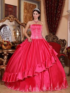 Coral Red Ball Gown Strapless Quince Dresses with Embroidery 2013