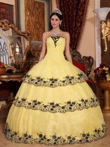 Ruched Yellow Strapless Quince Dresses with Appliqued Hemline 2013