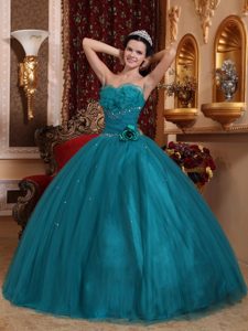 Best Beaded Teal Tulle Quinceanera Gown with Flower and Ruffles