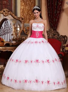Hog Pink Embroidery and Sash Accent White Quinceanera Gown 2013
