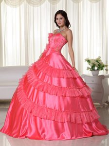 Coral Red Ball Gown Quinceanera Gown with Flouncing and Appliques