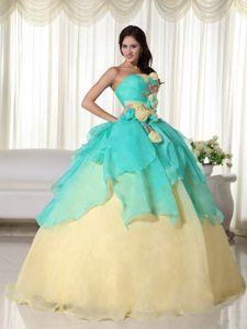 Popular Apple Green and Yellow Quinceanera Gown with Flowers 2013