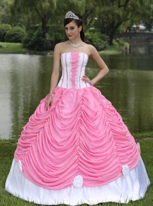 Pick ups Appliques Strapless Quinceanera Gown in White and Rose Pink