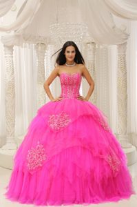 Appliqued Hot Pink Floor Length Quinceanera Dresses of Sweetheart