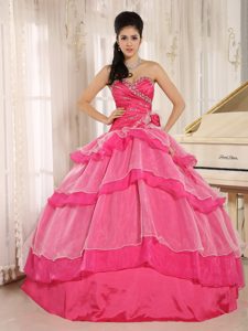 Beaded and Ruched Hot Pink Quinceanera Dresses with Ruffled Layers