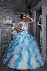 White and Blue Quinceanera Dress with Appliques and Ruffles 2014