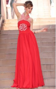 Coral Red Chiffon Side Zipper Halter Top Sleeveless Floor Length Prom Party Dress Embroidery
