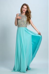 Spectacular Scoop With Train Backless Mother Of The Bride Dress Aqua Blue for Prom and Party with Beading Brush Train