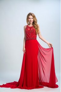 Latest Scoop Sleeveless Mother Of The Bride Dress With Train Court Train Beading Red Chiffon